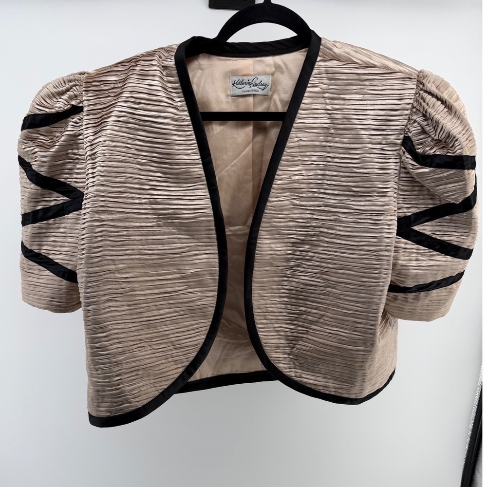 Vintage Katherine Lindsay Pleated Satin Jacket‎ Champagne 80s Evening Blazer Lg
